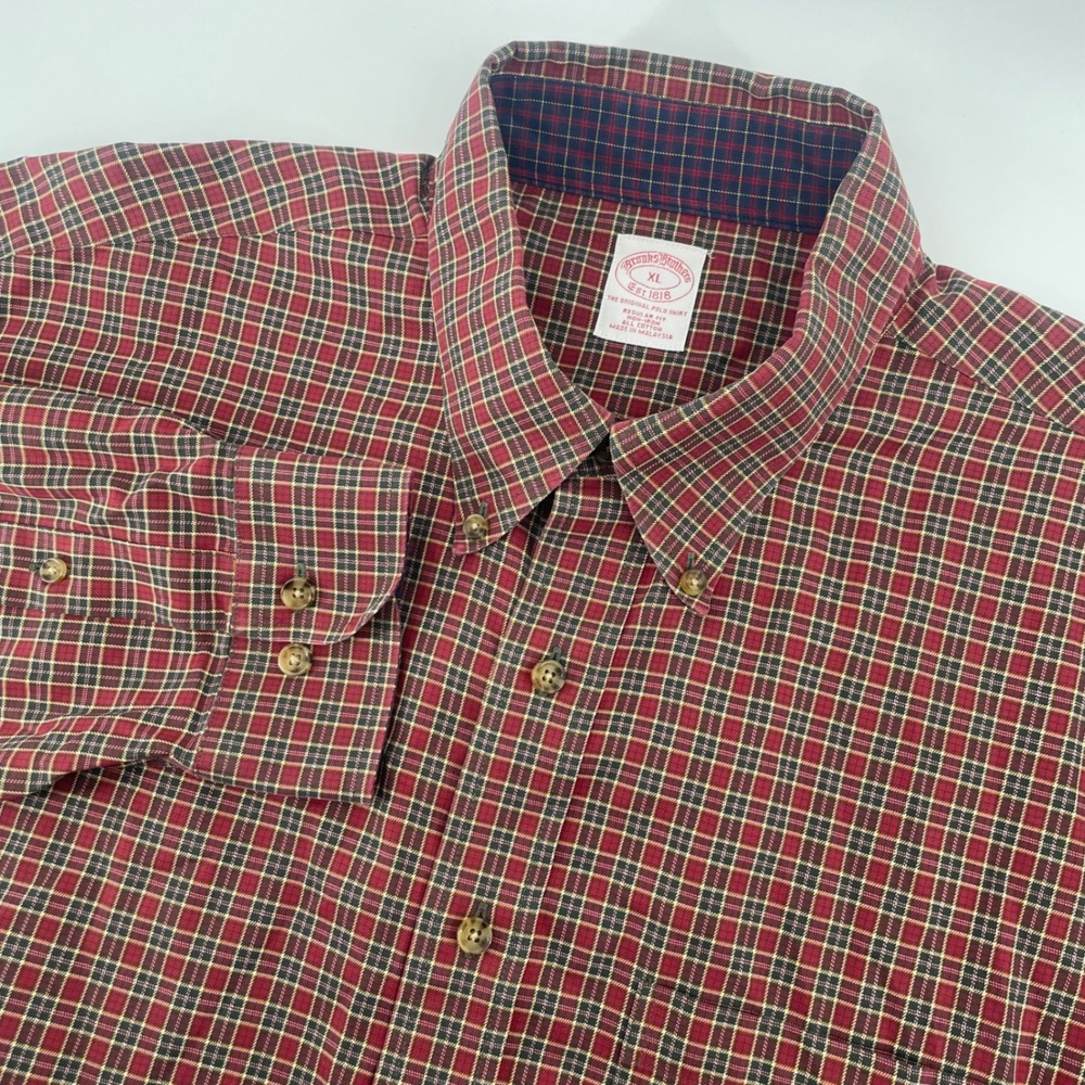 Brooks Brothers Button Down Shirt Men XL Red Plaid Non-Iron Regular Fit Long Slv